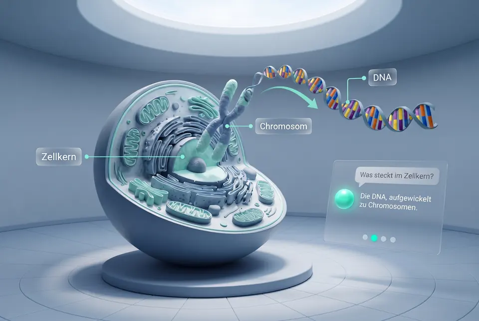 VR-Lernraum mit aufgeschnittenem Zellmodell, aus dem Zellkern steigen ein Chromosom und ein DNA-Strang. Tutor-Karte: Frage „Was steckt im Zellkern?“, Antwort „Die DNA, aufgewickelt zu Chromosomen.“
