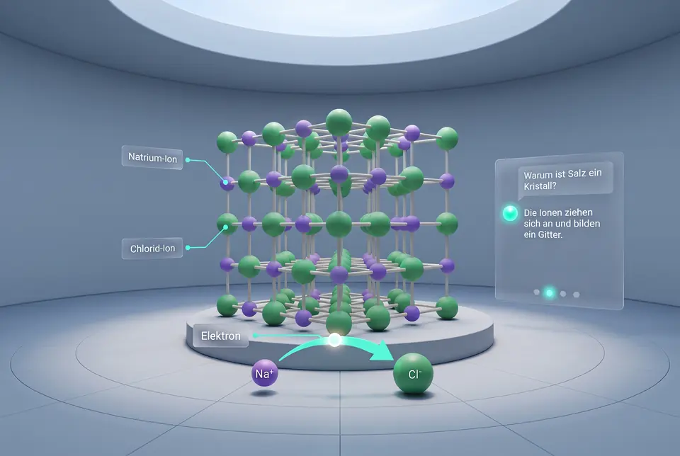 VR-Lernraum mit einem Kristallgitter aus Natrium- und Chlorid-Ionen, davor wechselt ein Elektron vom Natrium zum Chlor. Tutor-Karte: Frage „Warum ist Salz ein Kristall?“, Antwort „Die Ionen ziehen sich an und bilden ein Gitter.“