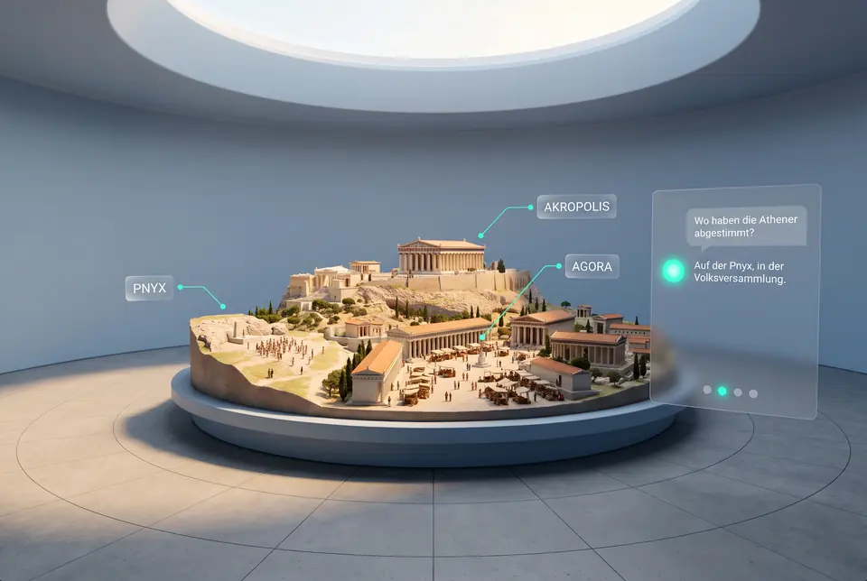 VR-Lernraum mit einem Stadtmodell von Athen mit Akropolis, Agora und Pnyx. Tutor-Karte: Frage „Wo haben die Athener abgestimmt?“, Antwort „Auf der Pnyx, in der Volksversammlung.“