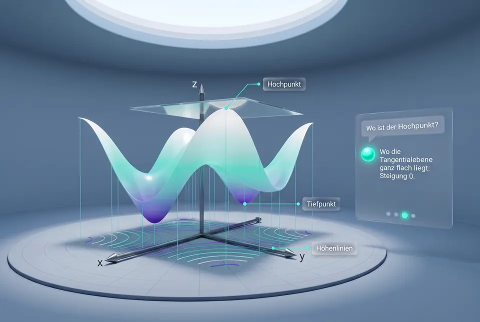 VR-Lernraum mit der Fläche z = sin x · cos y als 3D-Modell, darunter die Höhenlinien, auf dem Hochpunkt liegt eine flache Tangentialebene. Tutor-Karte: Frage „Wo ist der Hochpunkt?“, Antwort „Wo die Tangentialebene ganz flach liegt: Steigung 0.“