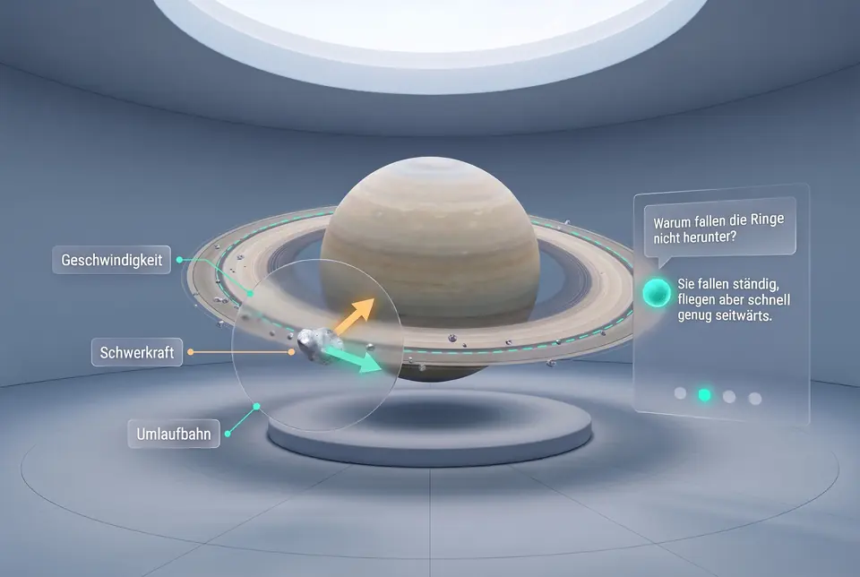 VR-Lernraum mit einem Saturnmodell, ein Eisteilchen der Ringe ist mit Pfeilen für Geschwindigkeit und Schwerkraft vergrößert. Tutor-Karte: Frage „Warum fallen die Ringe nicht herunter?“, Antwort „Sie fallen ständig, fliegen aber schnell genug seitwärts.“