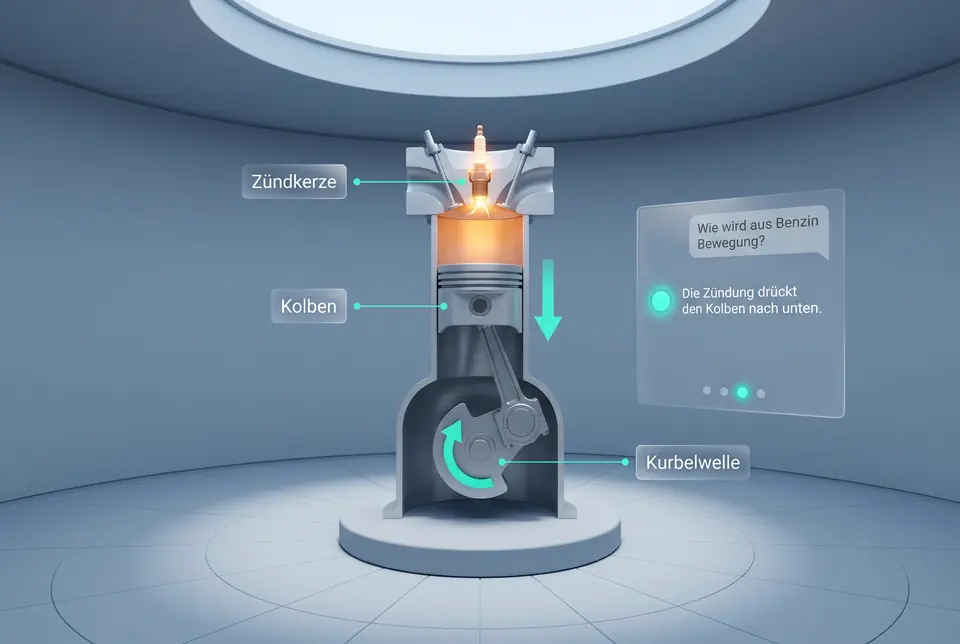 VR-Lernraum mit einem lebensgroßen aufgeschnittenen Motorzylinder im Arbeitstakt, beschriftet sind Zündkerze, Kolben und Kurbelwelle. Tutor-Karte: Frage „Wie wird aus Benzin Bewegung?“, Antwort „Die Zündung drückt den Kolben nach unten.“